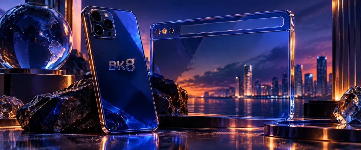 BK8 phone and browser panels in a blue studio