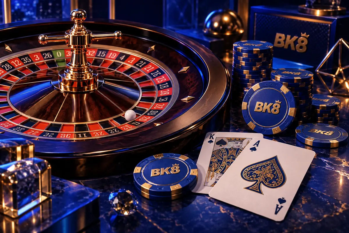 Roulette wheel and cards beside chips embossed with BK8