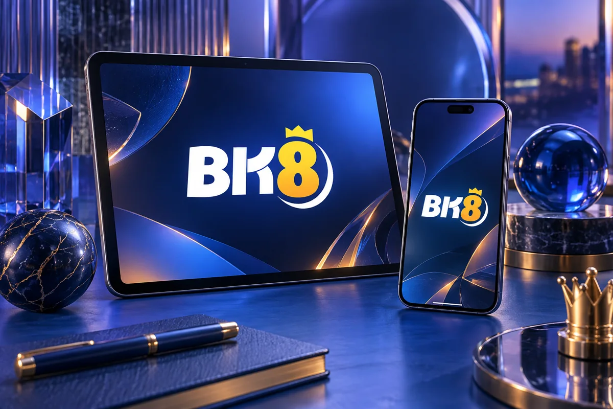 A BK8 phone and tablet displayed on a cobalt tabletop
